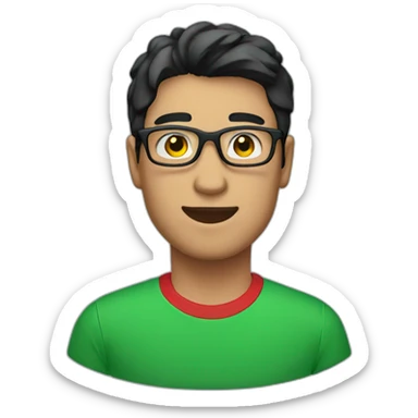 Man with black hair and glasses wearing red tshirt with green collar sticker