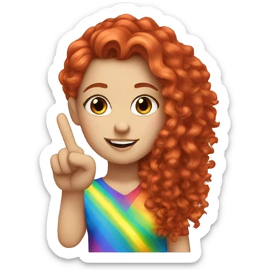 a white girl with long red curly hair in a pony tail with rainbow shirt does peace sign  sticker