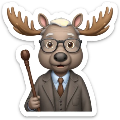 Create a slack emoji of a moose that looks very old.  He may have grey hair, glasses, and a cane. sticker