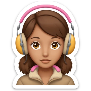 A girl wearing beige ear muffs, tan skin, brown hair, brown eyes sticker
