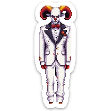 full-body demonic clown in a white leisure suit with bellbottom pants, bald, with black ram horns, wearing elevator shoes sticker