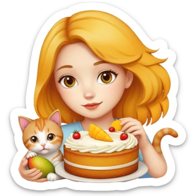 Beautiful girl holding a mango cake and a kitten sticker