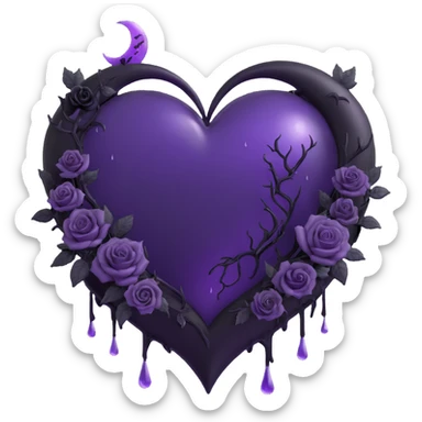 gothic heart, translucent purple glass, crescent moon with black drips, heart-shaped black roses, faint lightning bolts, misty rain, cracked glass with glowing mist sticker