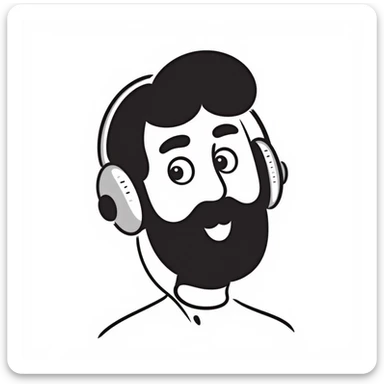 A person with black hair, brown eyes, black beard wearing gaming headphones, saying "Bonjour!" sticker