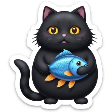 Fat black cat with fish  sticker