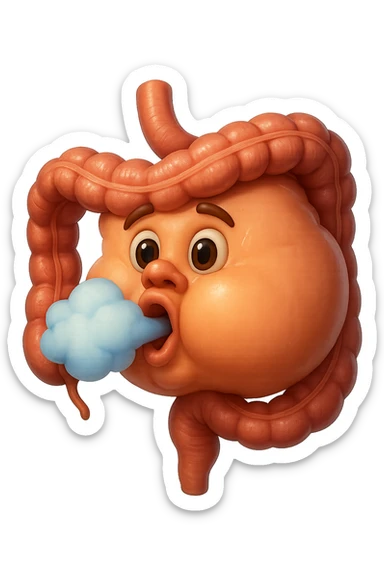 emoji stile iphone di un intestino che ingoia una nuvoletta di aria ben visibile e gli si gonfia la pancia, non fargli il naso, iperrealistico 4k sticker