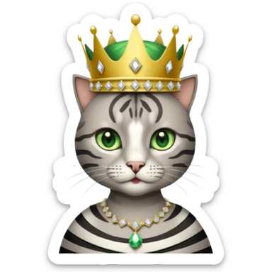 Gatito gris con rayas negras ojos verdes vestida de reina con coronas y diamantes sticker