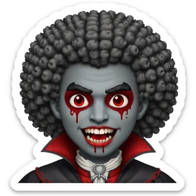 vampire with grey skin, fanged teeth, blood on face and a curly Afro sticker