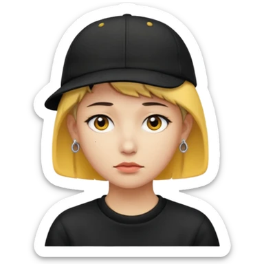 Create me an emoji like that, sad, with earrings, a black cap backwards, yellow skin like an emoji, and short hair down to the nape of my neck. sticker
