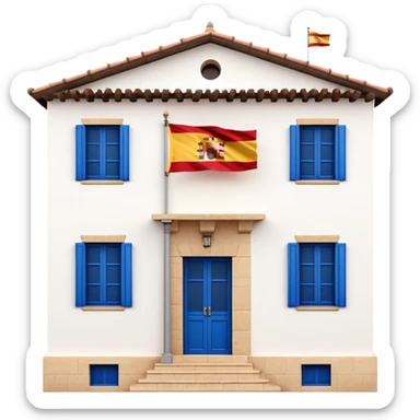 Andalusian-style Spanish house with white walls, blue windows, Spanish flag (red-yellow-red horizontal stripes) hanging from a small flag pole on the facade sticker