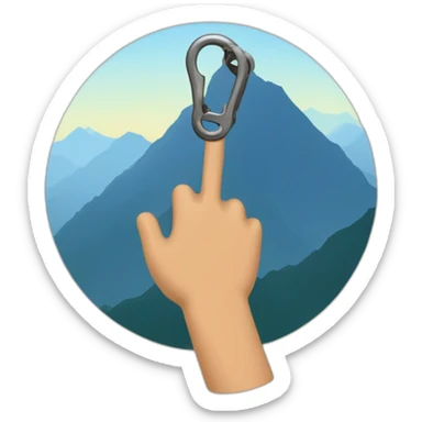 a hand holding a climbing clip in front of a mountain sticker
