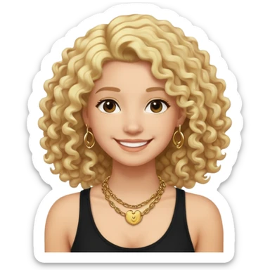 Pelo: Rubio, rizado y con mucho volumen, estilo media melena (altura de los hombros).

Piel: Tono claro.

Ropa: Camiseta o top sin mangas de color negro.

Accesorios: Collar dorado grueso, tipo cadena llamativa.

Expresión: Sonriente, expresión amigable y relajada.

Fondo o ambiente opcional (si se quiere personalizar más): Plantas y flores coloridas alrededor, en un entorno alegre y natural. sticker