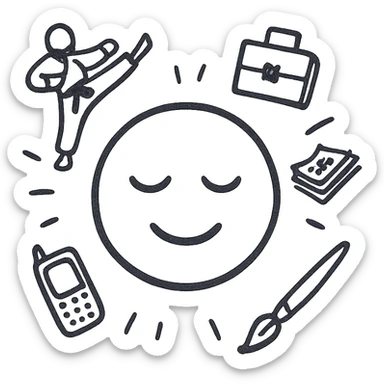 Yellow emoji with karate dogs, a briefcase, money, a phone and a paintbrush flying in its aura sticker