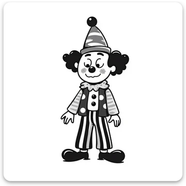 exhausted clown with droopy eyes, messy makeup, oversized shoes, colorful outfit, hand-drawn look sticker