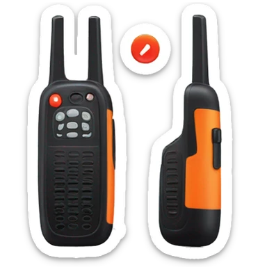 black walkie talkie with red-orange button on side sticker