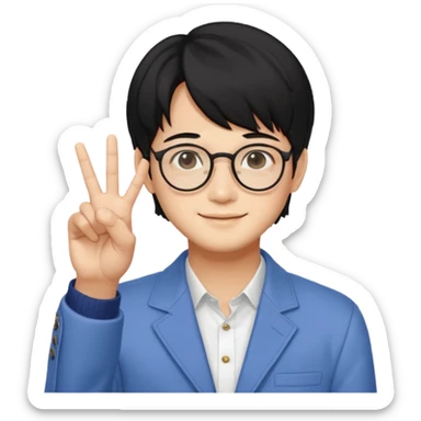 kim taehyung do bts de cabelo preto, óculos, sorrindo e fazendo dois com a mão esquerda  sticker