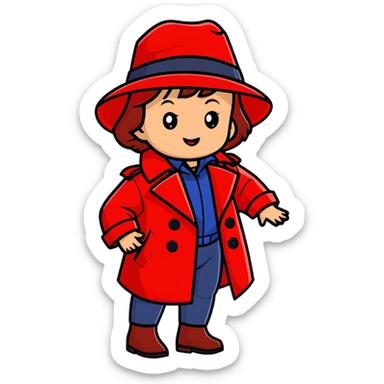 Baby Carmen Sandiego in red trench coat and hat, cute detective sticker