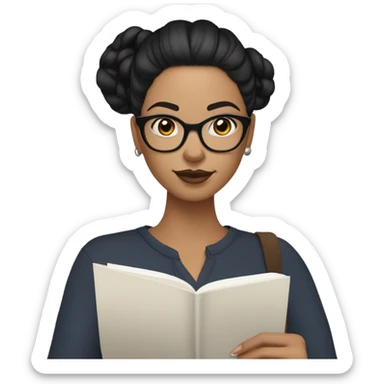 A woman with Black hair with a bun in the top of her head, she has glasses, she is writing a note on her notebook, we can see her pencil, she has white skin and skin tone lips sticker