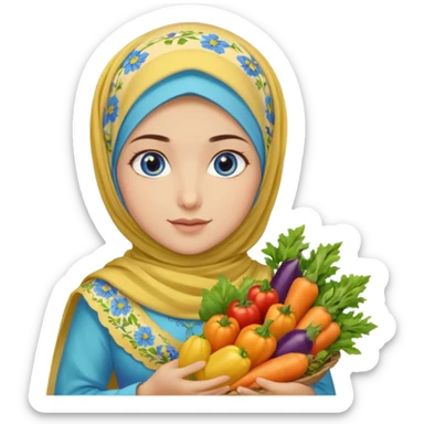 Turkish beautiful finish Konya girl blue eyes with floral yellow and lila hijabi dress and she had on her hand vegetables  sticker