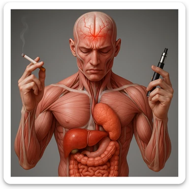 Medical illustration, hyperrealistic 4K, realistic anatomical human body, inflamed liver and intestine highlighted, holding a lit normal cigarette in the right hand and an electronic cigarette in the left hand, clear background, extremely detailed, same lighting and style as the reference image. sticker
