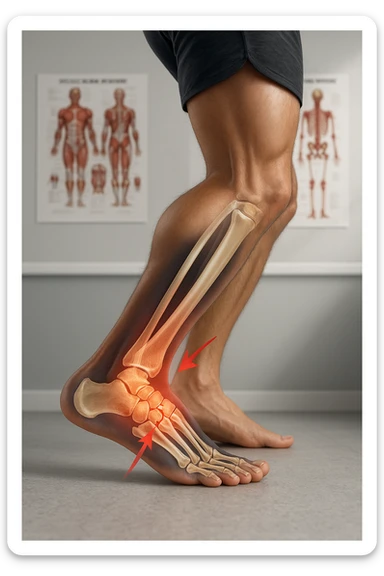 Realistic, vertical medical scene: a runner’s foot and lower leg are shown in profile, with a transparent overlay revealing a small stress fracture in the metatarsal bone. Red highlights and arrows indicate the area of pain and injury. The setting is a medical exam room, with anatomical charts in the background. sticker