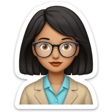 maestra con cabello semiondulado color negro, tez morena clara, lentes sticker