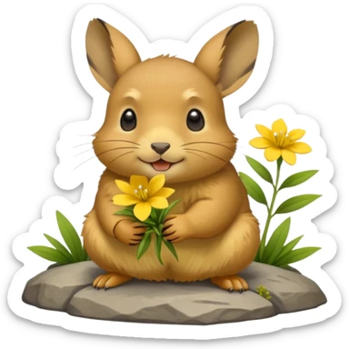 small round mountain pika on all fours, holding flowers in its mouth sticker
