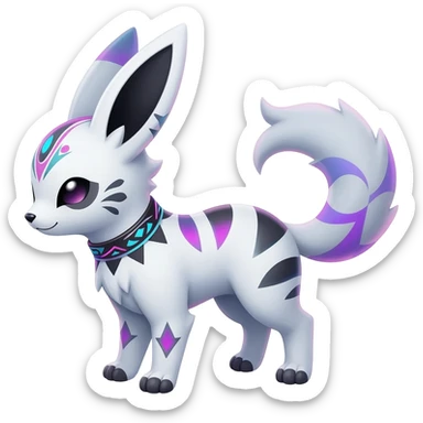 Rare cute edgy cool elegant beautiful neon iridescent white exotic cute epic aesthetic gothic colorful Salandit-Eevee-Civet-species-Fakemon-hybrid-creature, with a collar, and with intricate tribal markings, full body sticker