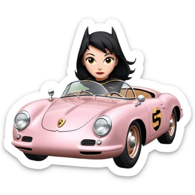 Adult BatGirl driving her satin-black and rose gold 1955 Porsche 550 Spyder too fast in the country, despite the rainy conditions making the tires slippery, sliding sideways with her black hair fluttering in the wind sticker