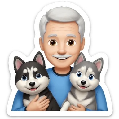 A smiling 60 year old man with blue eyes and short light gray hair and no facial hair, holding a single black and white husky dog with floppy ears and white tuft eyebrows  sticker