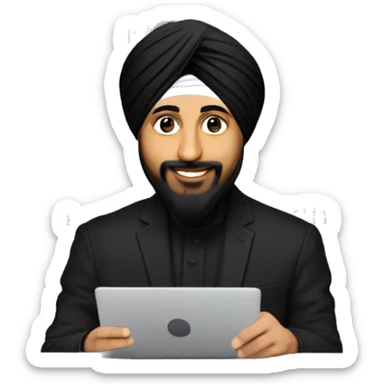 sikh man like diljit dosanj doing coding wearing black huddy and black turban doing coding on laptop sticker