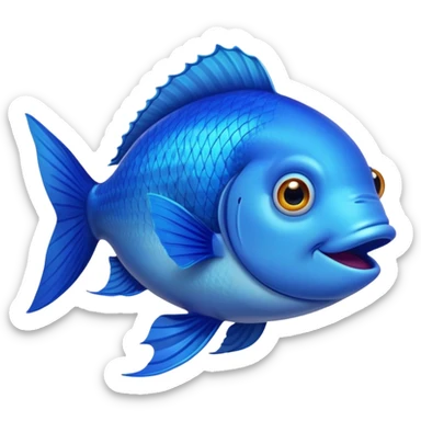 ridiculously stupid looking bright blue fish in side profile facing right, but with both crossed eyes somehow looking at viewer, dopey smile, flat 2D side view only sticker
