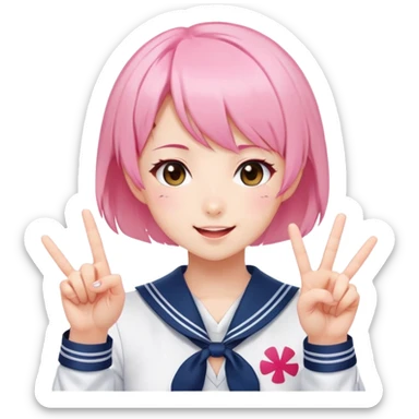 Energetic anime girl with short pink hair wearing Japanese sailor style school uniform, winking and making double peace signs, very cheerful and bubbly, kawaii style sticker