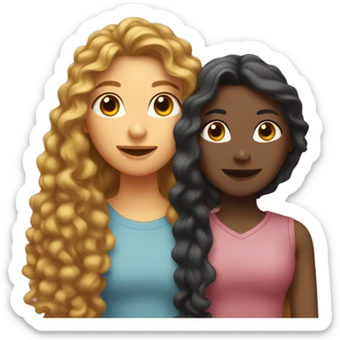 Two female friends with long hair, one is straight and the other is curly. They have the same skin tone and a heart between them. sticker
