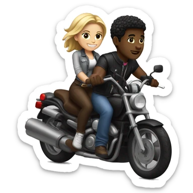 Black guy with brown hair riding motorcycle with bkack girl with blonde girl on the back sticker