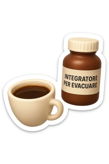 EMOJI STILE IPHONE 3D DI un caffè e di una boccetta di integratore con la scritta "INTEGRATORE PER EVACUARE" SULL'ETICHETTA CHE FLUTTUANO IN ARIA, iperrealistico 4k sticker