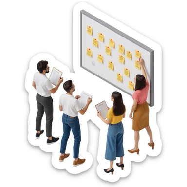 a group of creative people brainstorming at a whiteboard filled with sticky notes, skeuomorphism style sticker