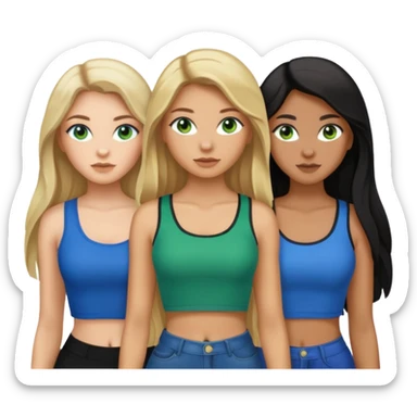 Three women, one with light skin with dark blonde long hair with green eyes, light skin black long hair with brown eyes and light skin long blonde hair with blue eyes wearing crop tops sticker