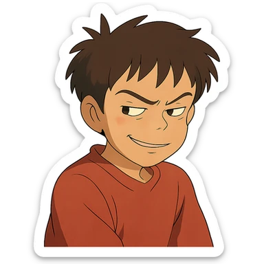ghibli style character with a sly, suspicious look sticker