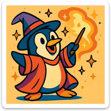 cartoon penguin wizard casting a spell, with sparkles and a magical aura, vibrant toon style sticker