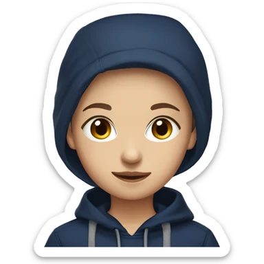 A causian girl with brown, wispy tied back hair wearing a navy blue hoodie with black cargos sticker