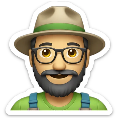 full body of an happy gardener face long dark beard and short dark hair with little transparent glasses and a hat sticker