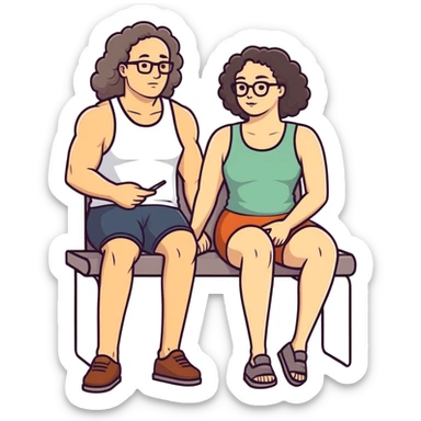 caucasian bald man with glasses and caucasian woman with no glasses, long curly dark hair and massive boobs and a tank top. Her hand is on his leg.  sticker