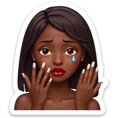 dark skin girl, dark red lipstick, nails very beautiful crying sticker