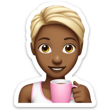 Light skin girl smiling , wearing a white tank top and holding a pink mug with tea in it  sticker