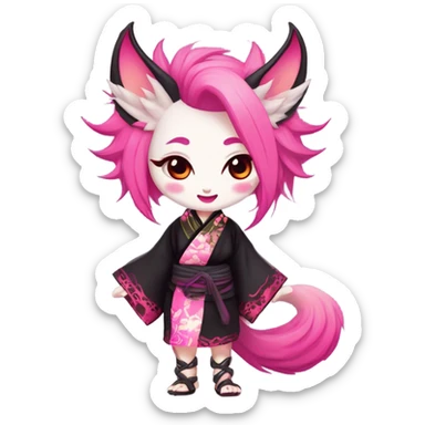 Full body female, succubus kitsune, neon pink eyes, vibrant pink hair, alabaster skin, fluffy black tails, pink tail tips, spiked choker, unique heritage, seductive charm, rebellious spirit, traditional kimonos, spiked anklets, and Barefoot 
 sticker