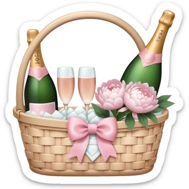 White Picnic basket with light pink bow and white peonies and a pink champage bottle inside sticker