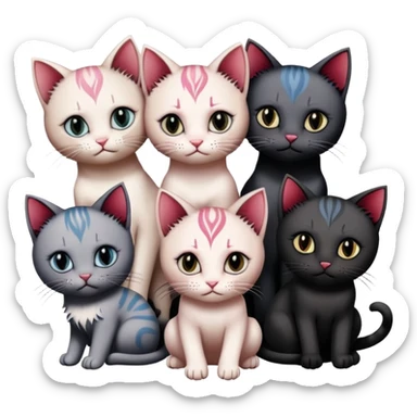 two emo cats in love with tattoos and cool hair, surrounded by five emo kittens sticker