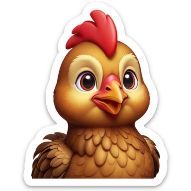 Cinematic Cute Brown Chicken Portrait Emoji, Head tilted playfully and inquisitively, featuring a lustrous brown feathered coat with a natural sheen and a subtle red comb, round, sparkling beady eyes filled with curiosity, Simplified yet irresistibly adorable features, highly detailed, glowing with a warm, friendly glow, high shine, affectionate and lively, stylized with a touch of country charm, bright and endearing, soft glowing outline, capturing the essence of a mischievous yet loving chicken, so playful it feels like it could peck out of the screen and into your arms! sticker