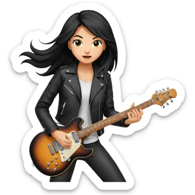 Young woman – standing on stage, leather jacket, playing electric guitar, energetic pose sticker